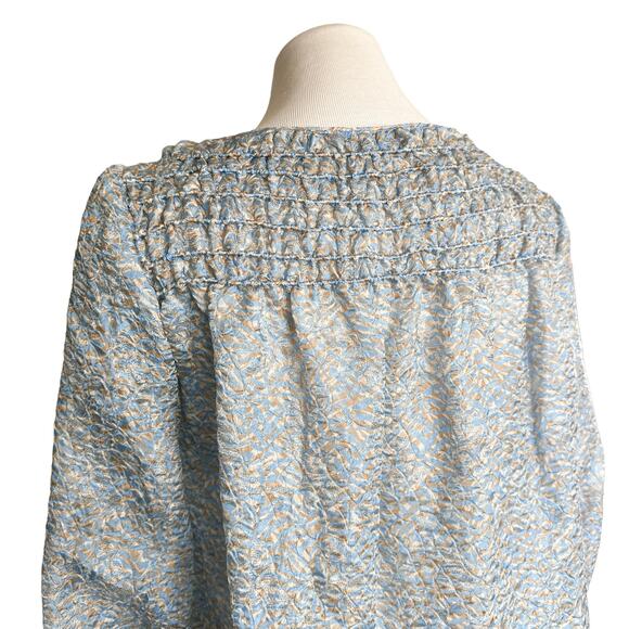 Lafayette 148 New York Silk Blend Paley Jacquard Long Sleeve Top Blue Cream XS - Picture 6 of 16